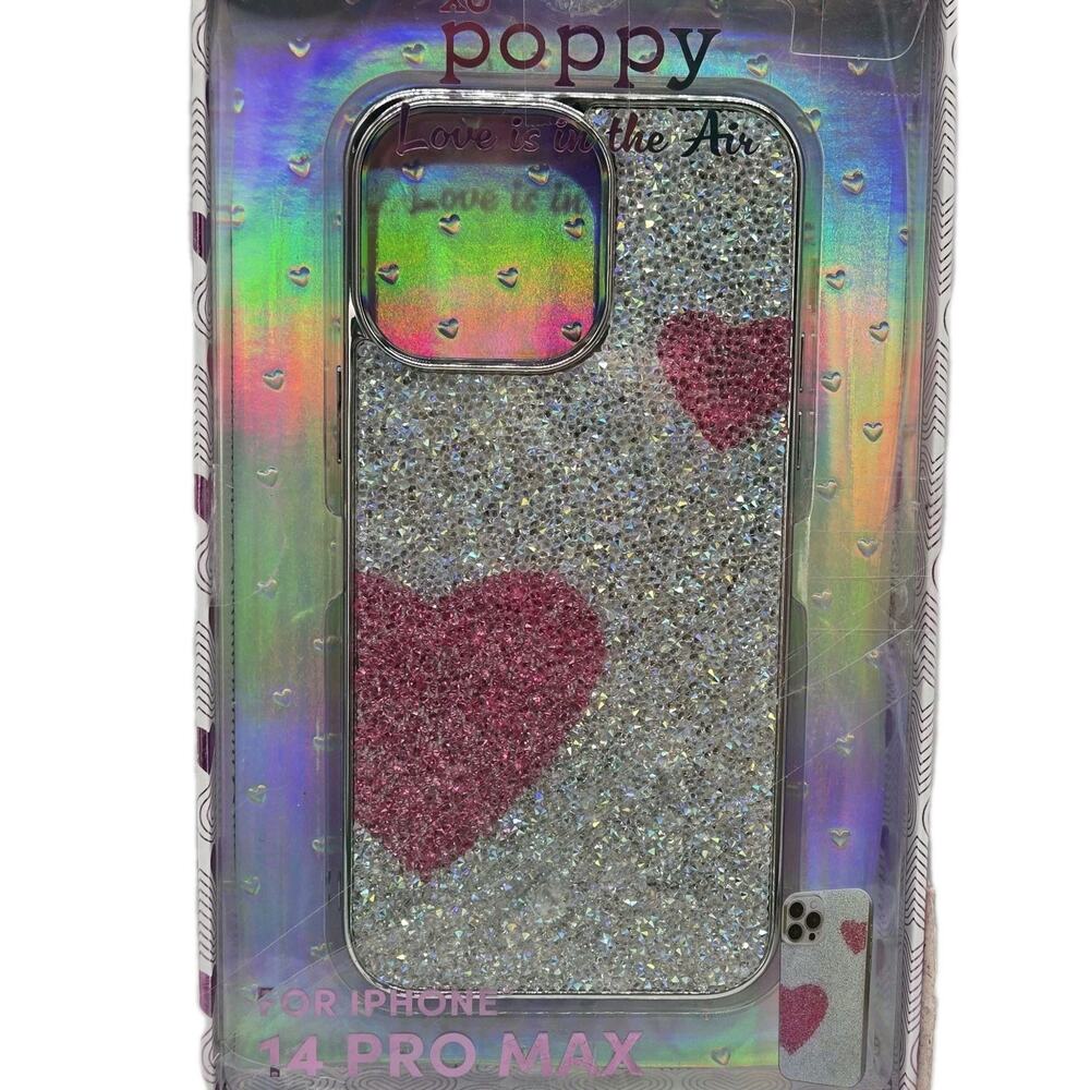 Glitter Pink Silver Hearts iPhone 14 Pro Max Rhinestone Coquette Princess NeW